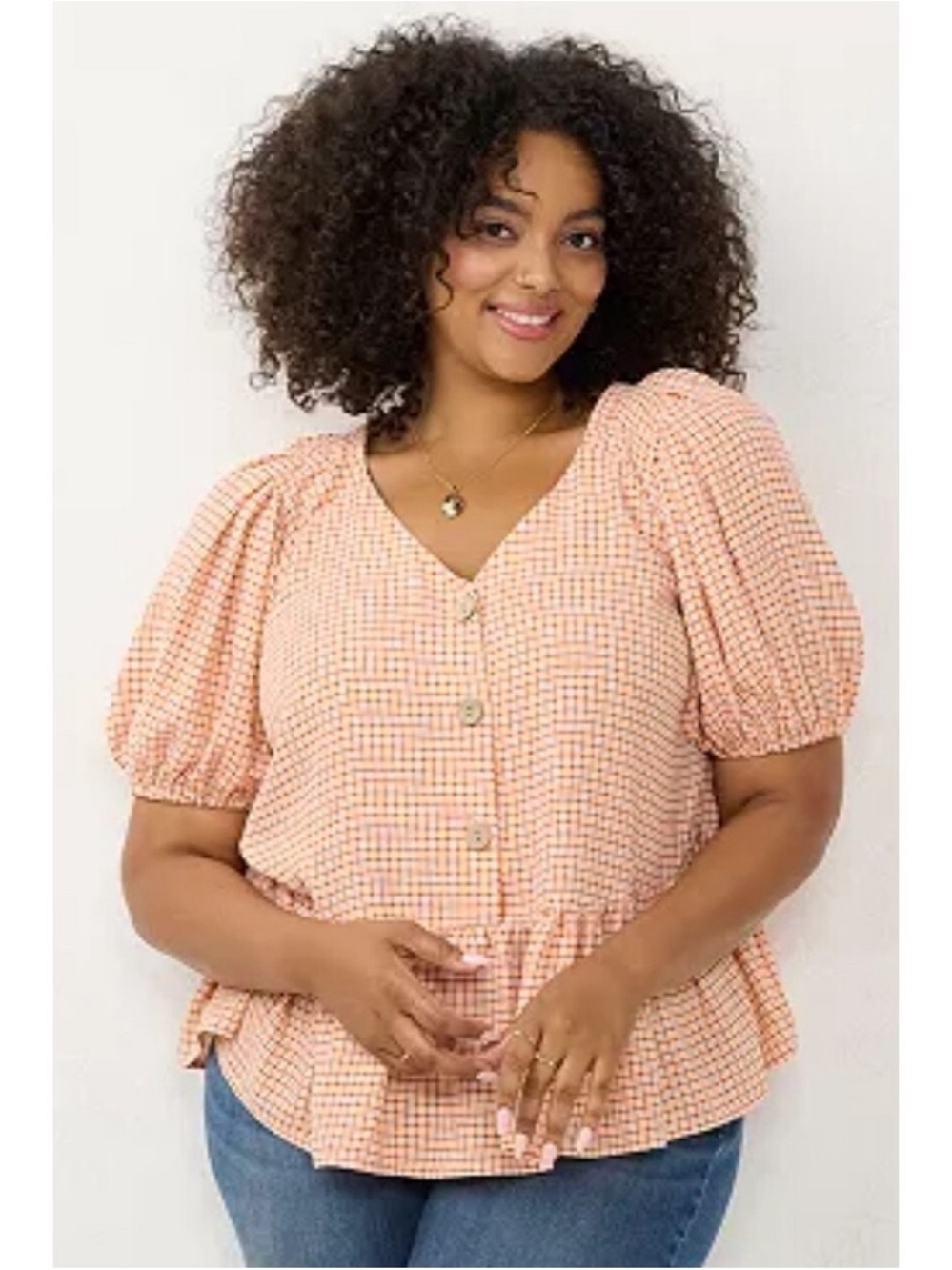 LC Lauren Conrad Peach Check Button-Front Puff Sleeve Top
